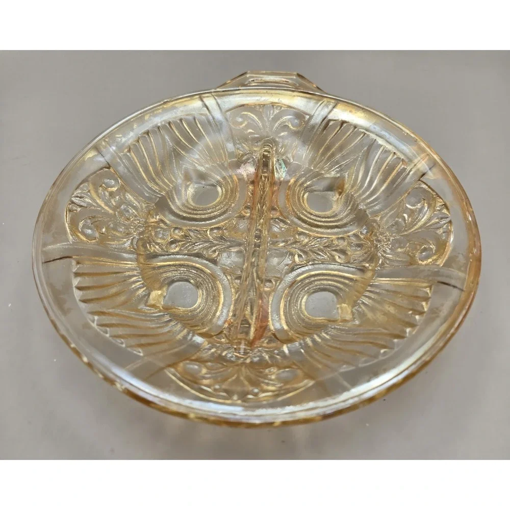 Vintage Divided Relish Dish Iridescent Light Amber Carnival Glass B#27